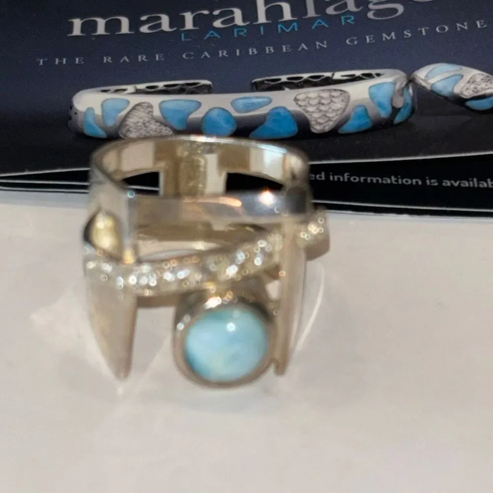 Marahlago Larimar Dante Sterling silver white topaz sculpture ring Sz 8 - Picture 3 of 12